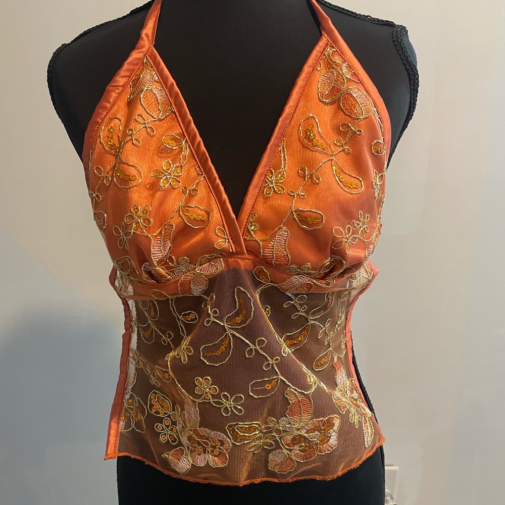 Orange Embroidered Halter Tank Top - Women